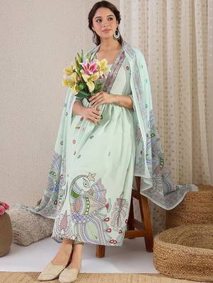 Women Printed Pleated Beads and Stones Pure Cotton Kurta with Trousers & With Dupatta 1