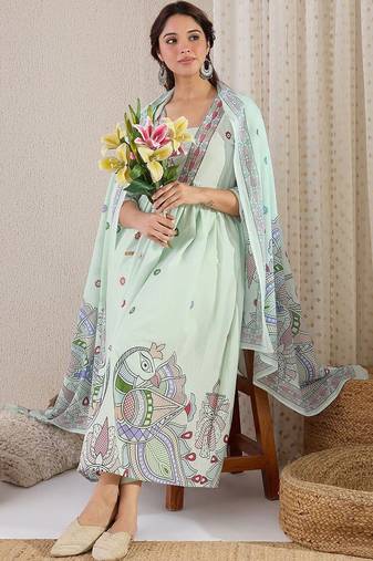 Women Printed Pleated Beads and Stones Pure Cotton Kurta with Trousers & With Dupatta