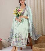 Women Printed Pleated Beads and Stones Pure Cotton Kurta with Trousers & With Dupatta