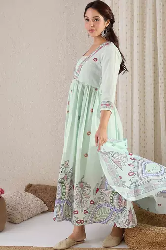 Women Printed Pleated Beads and Stones Pure Cotton Kurta with Trousers & With Dupatta