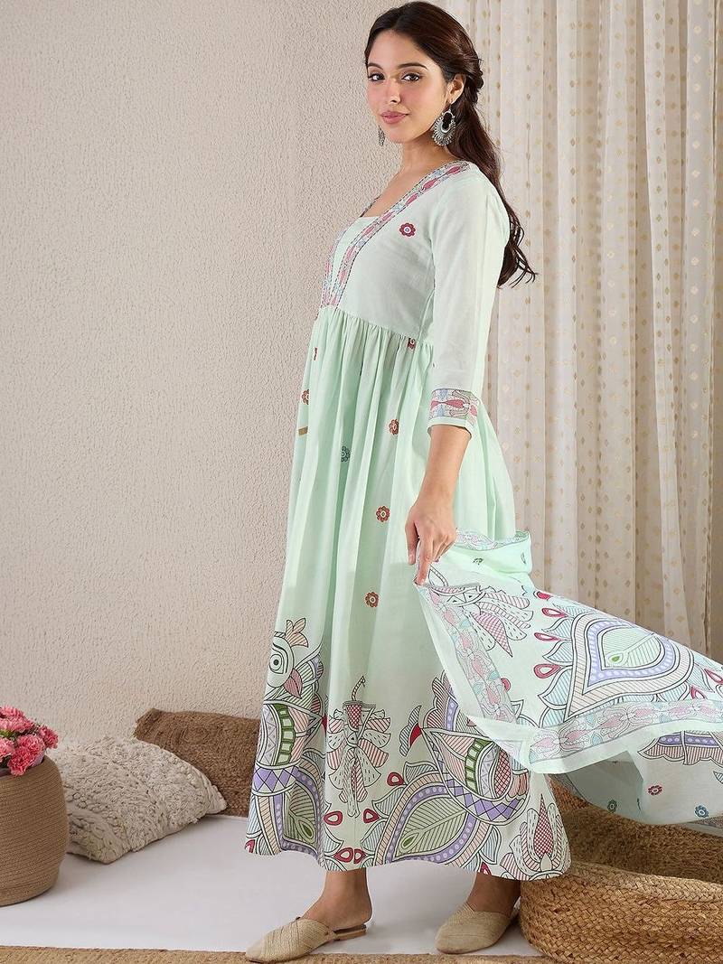 Women Printed Pleated Beads and Stones Pure Cotton Kurta with Trousers & With Dupatta