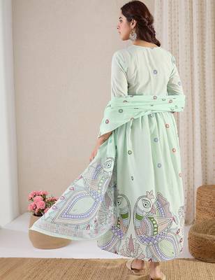 Women Printed Pleated Beads and Stones Pure Cotton Kurta with Trousers & With Dupatta 4
