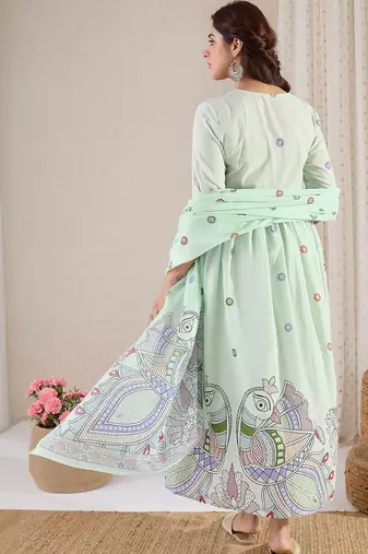 Women Printed Pleated Beads and Stones Pure Cotton Kurta with Trousers & With Dupatta