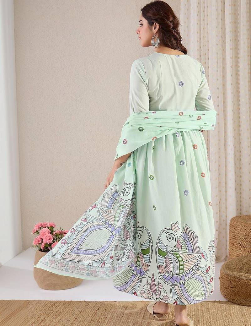 Women Printed Pleated Beads and Stones Pure Cotton Kurta with Trousers & With Dupatta