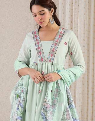 Women Printed Pleated Beads and Stones Pure Cotton Kurta with Trousers & With Dupatta 5