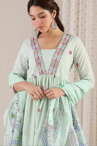 Women Printed Pleated Beads and Stones Pure Cotton Kurta with Trousers & With Dupatta