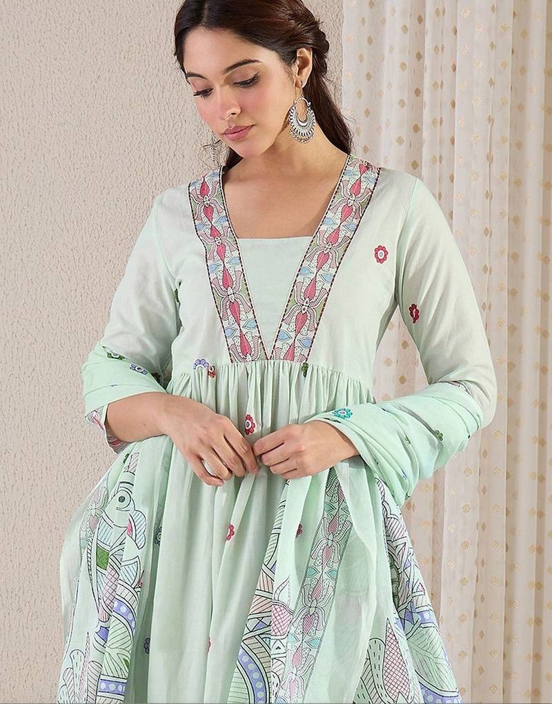 Women Printed Pleated Beads and Stones Pure Cotton Kurta with Trousers & With Dupatta