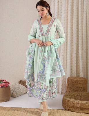 Women Printed Pleated Beads and Stones Pure Cotton Kurta with Trousers & With Dupatta 6