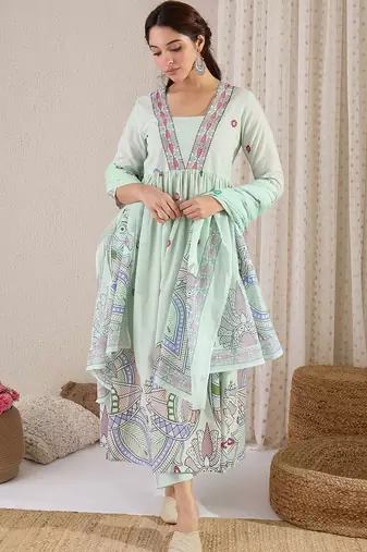 Women Printed Pleated Beads and Stones Pure Cotton Kurta with Trousers & With Dupatta