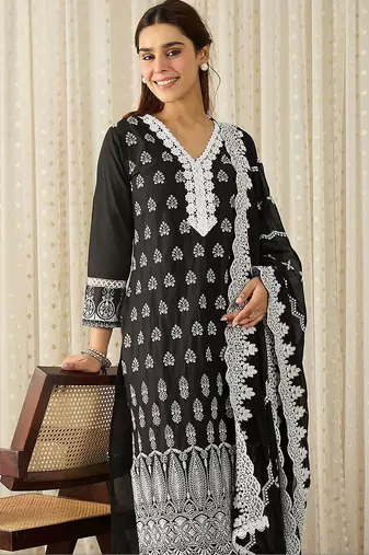 Women Ethnic Motifs Embroidered Regular Thread Work Pure Cotton Kurta with Trousers & With Dupatta