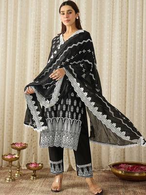 Women Ethnic Motifs Embroidered Regular Thread Work Pure Cotton Kurta with Trousers & With Dupatta 6