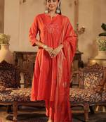 Women Floral Embroidered Panelled Thread Work Kurta with Trousers & With Dupatta