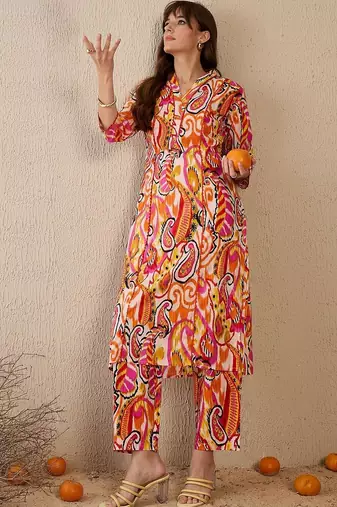Women Paisley Printed Panelled Pure Cotton Kurta with Trousers