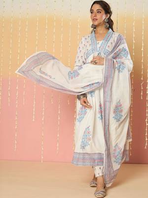 Women Floral Printed Regular Mirror Work Pure Cotton Kurta with Palazzos & With Dupatta 1