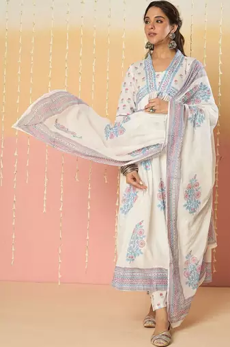 Women Floral Printed Regular Mirror Work Pure Cotton Kurta with Palazzos & With Dupatta