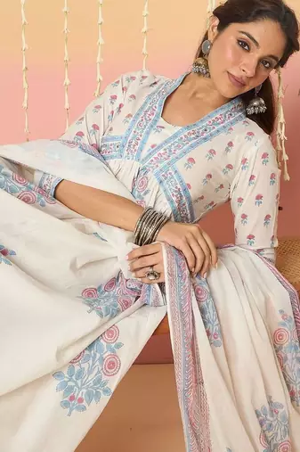 Women Floral Printed Regular Mirror Work Pure Cotton Kurta with Palazzos & With Dupatta