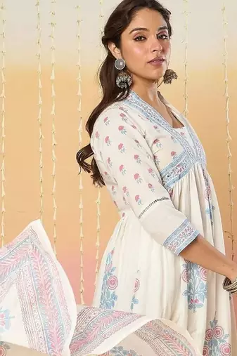 Women Floral Printed Regular Mirror Work Pure Cotton Kurta with Palazzos & With Dupatta