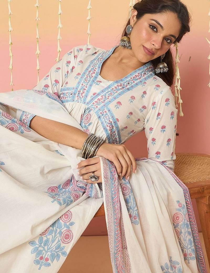 Women Floral Printed Regular Mirror Work Pure Cotton Kurta with Palazzos & With Dupatta