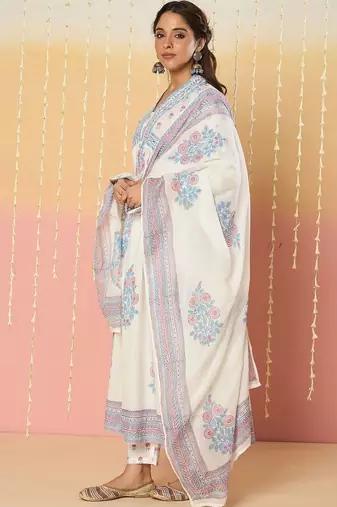 Women Floral Printed Regular Mirror Work Pure Cotton Kurta with Palazzos & With Dupatta