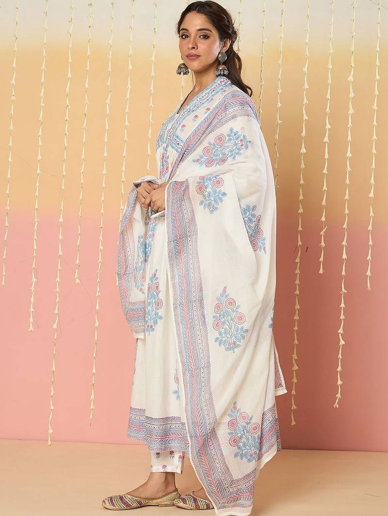 Women Floral Printed Regular Mirror Work Pure Cotton Kurta with Palazzos & With Dupatta