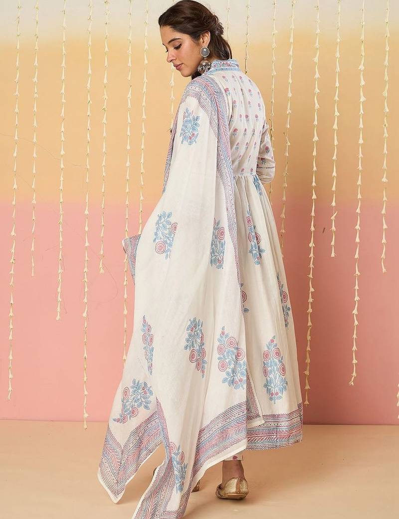 Women Floral Printed Regular Mirror Work Pure Cotton Kurta with Palazzos & With Dupatta