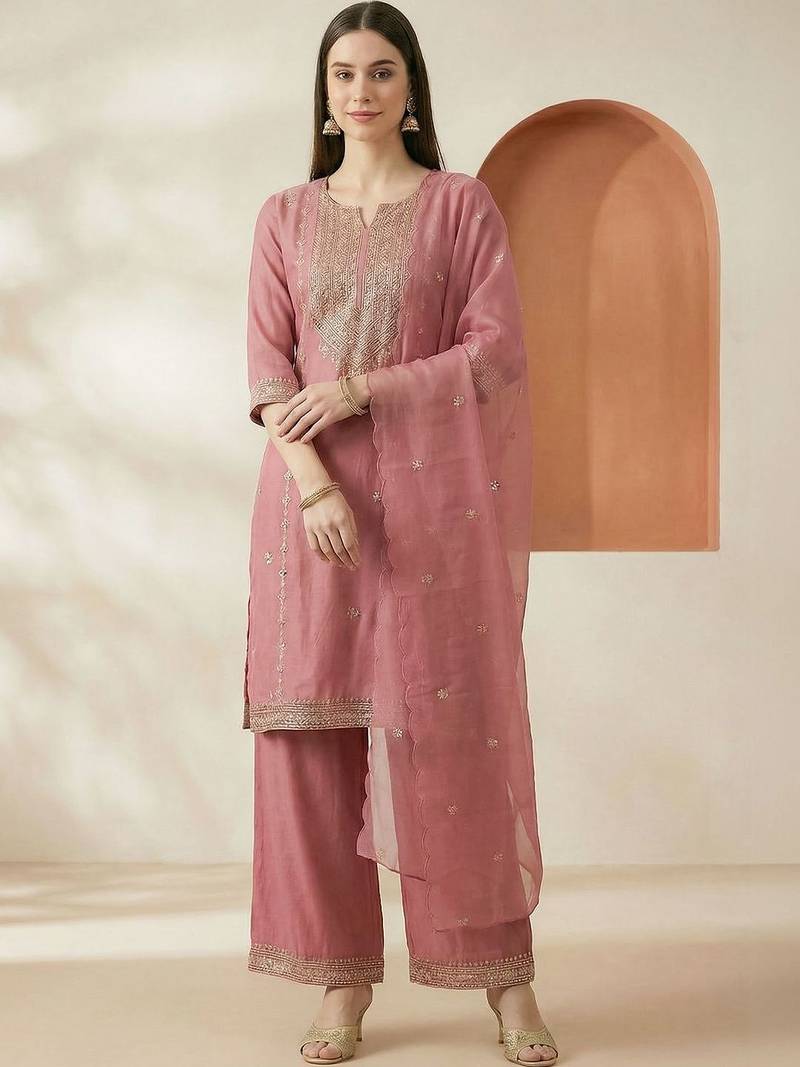 Women Ethnic Motifs Embroidered Regular Kurta with Palazzos & With Dupatta