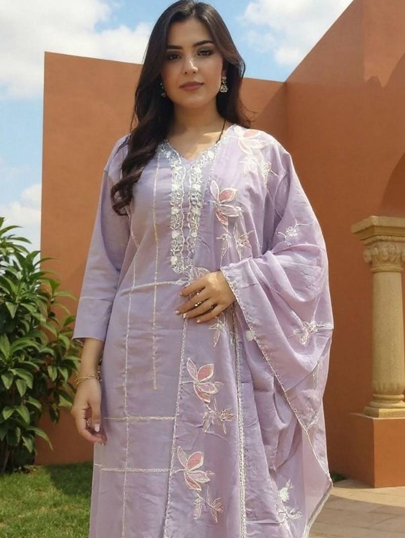 Women Floral Embroidered Regular Sequinned Pure Cotton Kurta with Trousers & With Dupatta