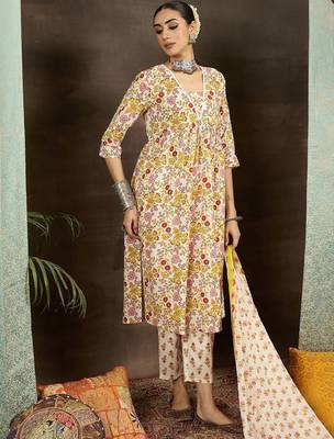 Women Floral Printed Pleated Pure Cotton Kurta with Palazzos & With Dupatta 1