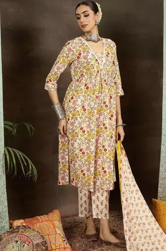 Women Floral Printed Pleated Pure Cotton Kurta with Palazzos & With Dupatta