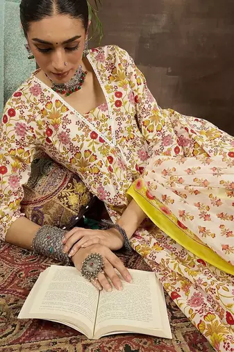 Women Floral Printed Pleated Pure Cotton Kurta with Palazzos & With Dupatta