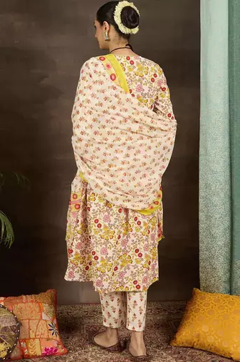 Women Floral Printed Pleated Pure Cotton Kurta with Palazzos & With Dupatta