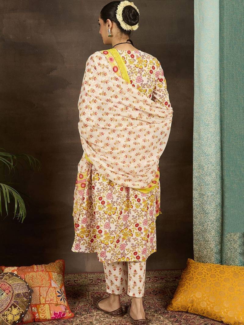 Women Floral Printed Pleated Pure Cotton Kurta with Palazzos & With Dupatta