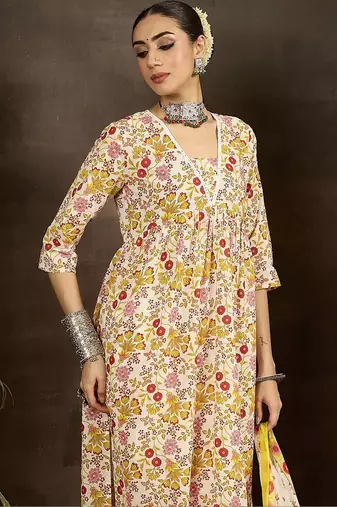 Women Floral Printed Pleated Pure Cotton Kurta with Palazzos & With Dupatta