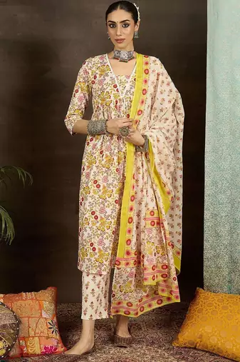 Women Floral Printed Pleated Pure Cotton Kurta with Palazzos & With Dupatta