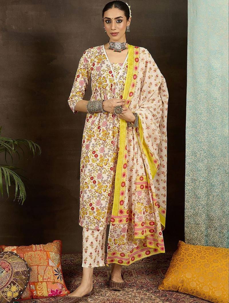 Women Floral Printed Pleated Pure Cotton Kurta with Palazzos & With Dupatta