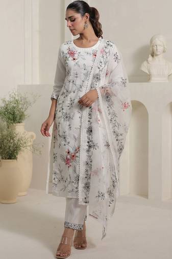 Women Floral Embroidered Regular Thread Work Kurta with Trousers & With Dupatta