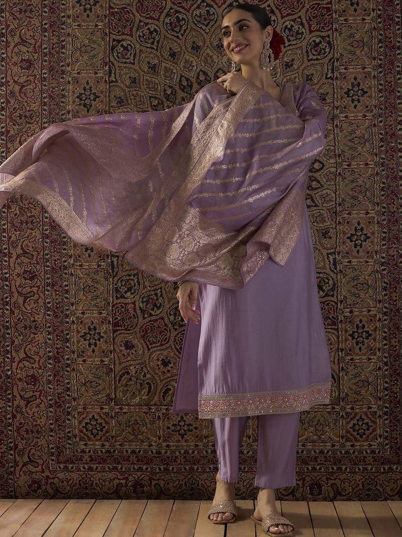 Women Ethnic Motifs Embroidered Regular Sequinned Kurta with Trousers & With Dupatta