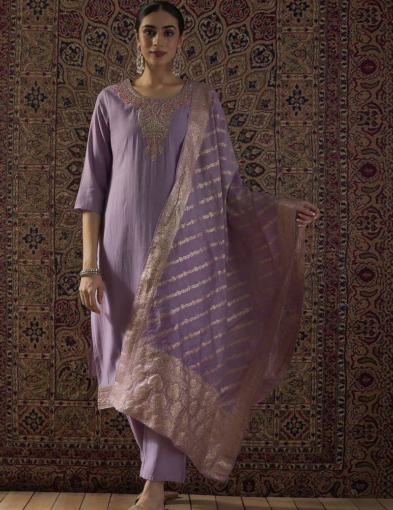 Women Ethnic Motifs Embroidered Regular Sequinned Kurta with Trousers & With Dupatta
