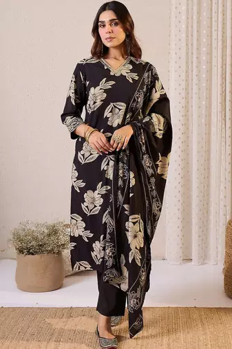 Women Floral Printed Regular Chanderi Silk Kurta with Trousers & With Dupatta