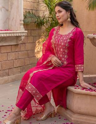 Women Ethnic Motifs Embroidered Regular Thread Work Kurta with Trousers & With Dupatta 5