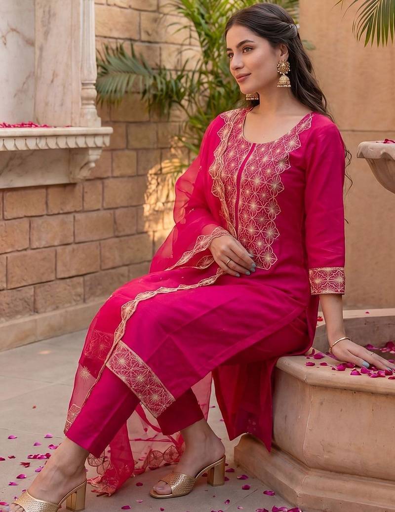 Women Ethnic Motifs Embroidered Regular Thread Work Kurta with Trousers & With Dupatta