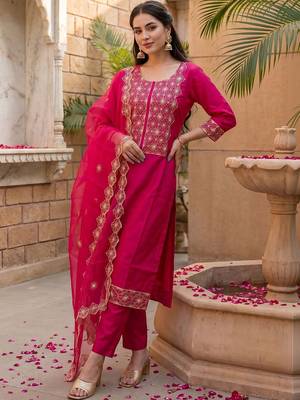 Women Ethnic Motifs Embroidered Regular Thread Work Kurta with Trousers & With Dupatta 6