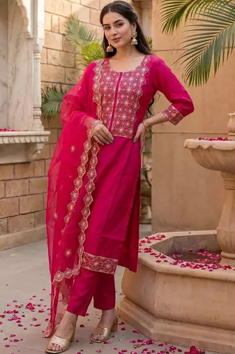 Women Ethnic Motifs Embroidered Regular Thread Work Kurta with Trousers & With Dupatta