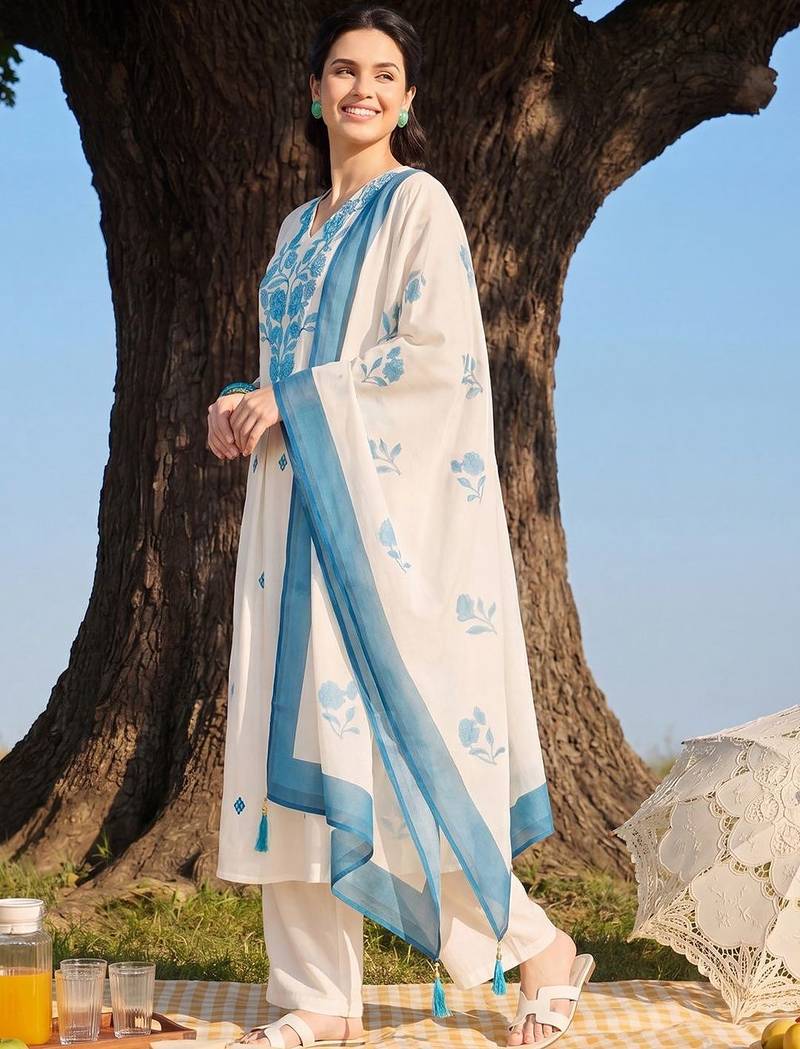 Women Floral Embroidered Regular Thread Work Kurta with Palazzos & With Dupatta