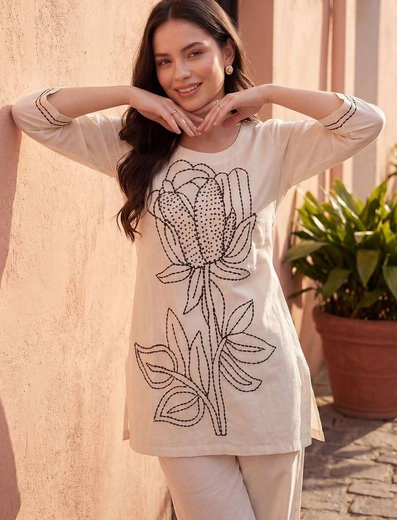 Women Floral Embroidered Regular Thread Work Pure Cotton Kurti with Palazzos