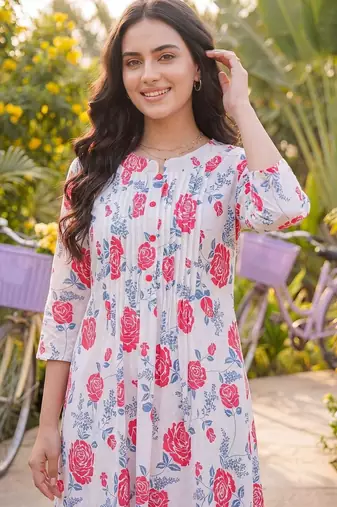 Women Floral Printed Pleated Pure Cotton Kurta with Trousers