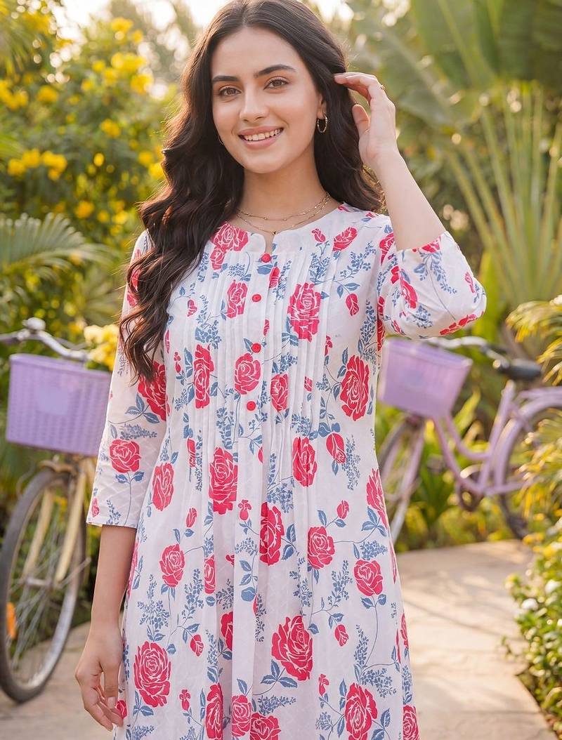 Women Floral Printed Pleated Pure Cotton Kurta with Trousers