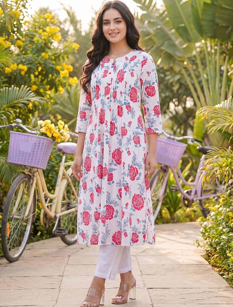 Women Floral Printed Pleated Pure Cotton Kurta with Trousers