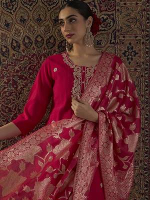 Women Ethnic Motifs Embroidered Regular Thread Work Kurta with Trousers & With Dupatta 5