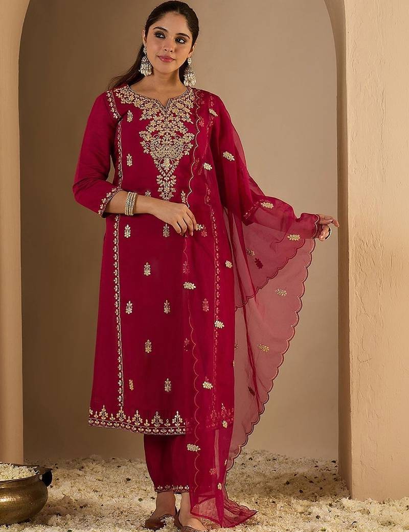 Women Ethnic Motifs Embroidered Regular Thread Work Kurta with Trousers & With Dupatta